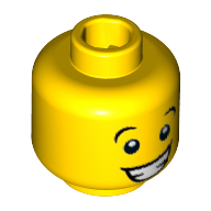 Minifig Head Jester, Brown Eyebrows, Wide Eyes and Smile with Teeth Print [Hollow Stud] Yellow
