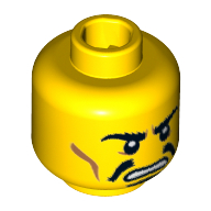 Minifig Head Hun Warrior, Moustache Black Split, Goatee, Bushy Eyebrows, Cheek Lines, Angry Print Yellow