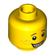 Minifig Head Pizza Delivery Man, Open Mouth Smile with Teeth and Braces, Freckles Print Yellow