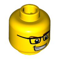 Minifig Head Video Game Guy, Rectangular Glasses, Brown Eyebrows, Open Mouth Smile with Teeth, White Pupils Print [Hollow Stud] Gelb