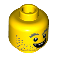 Minifig Head Prospector, Beard Stubble, Gray Bushy Eyebrows, Open Grin, Gold Tooth Print Yellow