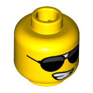 Minifig Head Rock Star, Black Sunglasses Large and Lopsided Smile Wide with Teeth Print Yellow