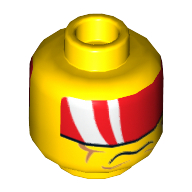 Minifig Head Tremor, Red Visor with 2 White Bands, Cheek Lines, Mouth Closed / Clenched Teeth Print Yellow