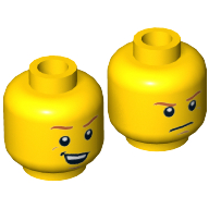 Minifig Head Max Burns, Dark Orange Eyebrows, Crooked Smile with Teeth / Determined, Closed Mouth Print Gelb