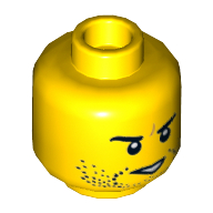 Minifig Head Jack Fury, Dual Sided, Beard Stubble, Eyebrows, Determined, Open Mouth / Mouth Closed, Scar on Right Eyebrow Print [Hollow Stud] Gelb