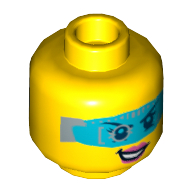 Minifig Head Caila Phoenix, Dual Sided, Digital Eye Glasses, Pink Lips, Smirk / Visor Open Print [Hollow Stud] Gelb