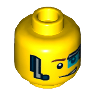 Minifig Head Curtis Bolt, Dual Sided, Digital Eye Glass over Left Eye, Smirk / Determined Print [Hollow Stud] Gelb
