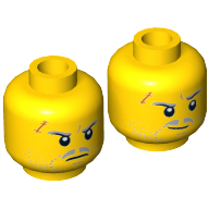 Minifig Head Solomon Blaze, Dual Sided, Light Bluish Gray Beard Stubble, Moustache and Eyebrows, Scar, Determined / Smirk Print [Hollow Stud] Gelb