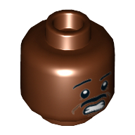 Minifig Head Dr Winston Zeddemore, Dual Sided, Thin Moustache, Determined / Scared with Teeth Print [Hollow Stud] Reddish Brown