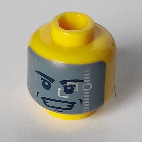 Minifig Head Galaxy Trooper, Stern Eyebrows, Mouth Lines / Dark Bluish Gray Visor with Silver Squares, Open Smile with Teeth Print Gelb