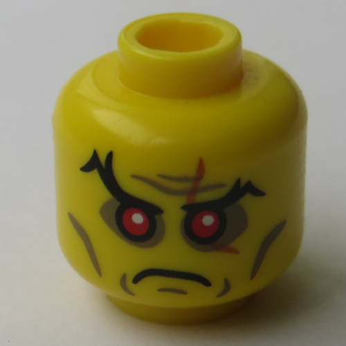Minifig Head Evil Wizard, Red Sunken Eyes, Eyebrows, Scar over Left Eye, Cheek Lines and Wrinkles Print Gelb