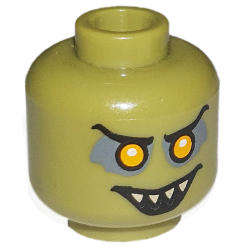 Minifig Head Goblin, Orange Eyes with White Pupils, Black Eyebrows, Open Smile with Pointed Teeth Print Olivgrün