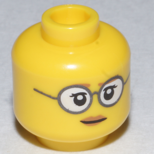 Minifig Head Paleontologist, Glasses with Gray Frames and White Lenses, Eyelashes, Pale Brown Lips Print Yellow