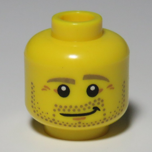 Minifig Head Carpenter, Beard Stubble, Dark Tan Eyebrows, Crow's Feet, Lopsided Smile Print [Hollow Stud] Yellow
