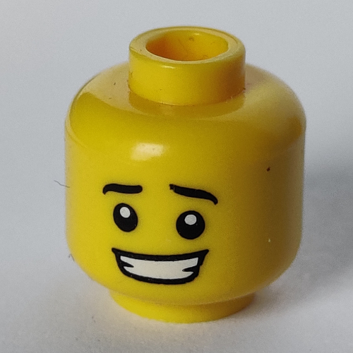 Minifig Head Hot Dog Man, Eyebrows, White Pupils, Crooked Open Smile with Teeth Print Yellow