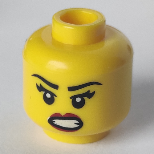 Minifig Head Samurai, Eyebrows, Eyelashes, Angry Open Mouth with Clenched Teeth, Red Lips Print Yellow