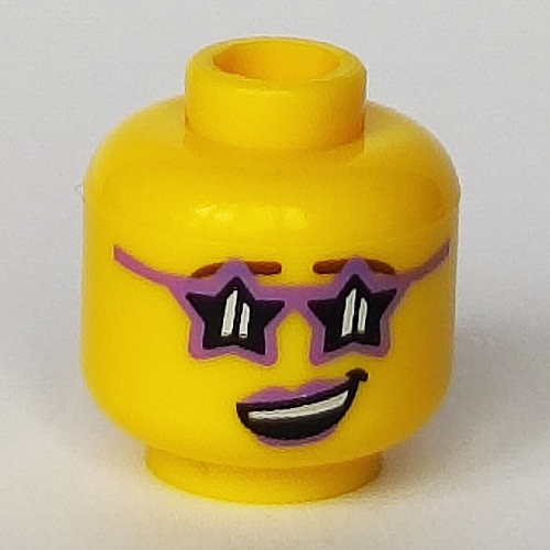 Minifig Head Disco Diva, Glasses Star Shaped, Medium Lavender Lips, Open Lopsided Smile with Teeth Print [Hollow Stud] Yellow
