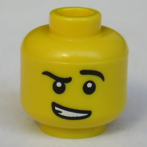 Minifig Head Fencer, Eyebrows, Raised Left Eyebrow, White Pupils, Crooked Open Smile with Teeth Print [Hollow Stud] Gelb