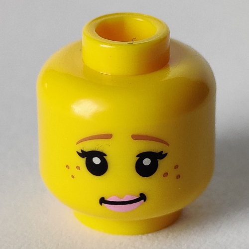 Minifig Head Unicorn Girl, Brown Eyebrows, Black Eyelashes, Freckles and Pink Lips Print [Hollow Stud] Gelb