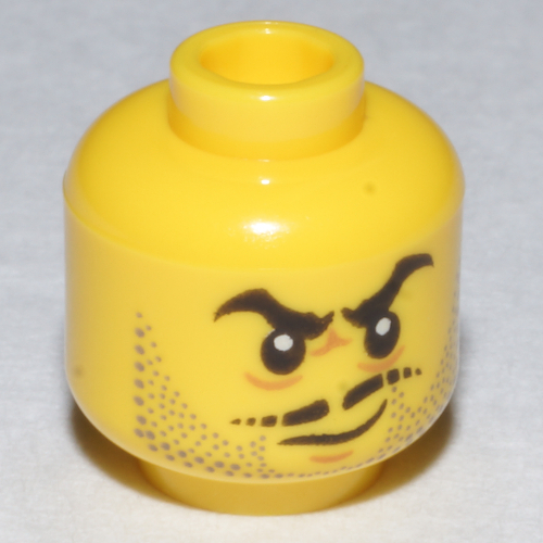 Minifig Head Flintlocke, Gray Stubble, Moustache and Angry Eyebrows, Lines under Eyes, Smirk Print [Hollow Stud] Yellow