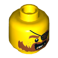 Minifig Head Bucko / Pirate, Eyepatch, Dark Orange Beard with Messy Hair and Moustache, Gold Teeth Print Yellow