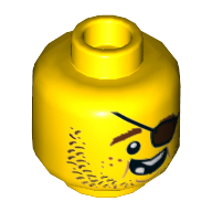 Minifig Head Cook, Beard Brown Stubble, Eyepatch, Open Grin, Missing Teeth Print Yellow