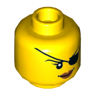 Minifig Head Cyren / Pirate, Dual Sided, Eyepatch, Smile / Angry Mouth with Teeth Print [Hollow Stud] Gelb