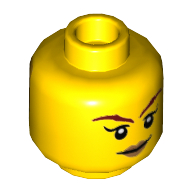 Minifig Head Skylor, Dual Sided, Dark Red Eyebrows, Dark Tan Lips, Smile / Bright Light Orange Mask Print [Hollow Stud] Gelb