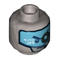 Minifig Head Zane, Silver and Blue Eyes, Gray Eyebrows / Blue Visor with Headset and Eyepiece Print Flat Silver
