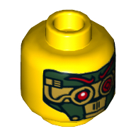 Minifig Head Nya (Samurai X), Eyebrows, Eyelashes, Brown Lips / Green and Gold Mask, Red Eyes and Eyebrows Print Gelb