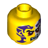 Minifig Head Sleven, Eyebrows, Red Eyes, Purple and White Snakes Tattoo, Open Mouth with Fangs Print [Hollow Stud] Yellow