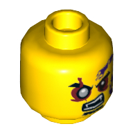 Minifig Head Eyezor, Eyebrows, Red Eyes with Silver Pupil Right, Goatee, Purple Snake Tattoo, Open Mouth with Fangs Print Yellow