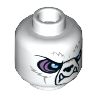 Minifig Head Iceklaw / Ice Bear, Black Nose, White Fangs, Blue Eyes with Purple Rim, Gray Tribal Markings on Back Print [Hollow Stud] White