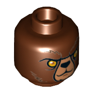 Minifig Head Bulkar, Dual Sided, Bear, Yellow Eyes, Dark Brown Fur, Stern / Raised Eyebrow Print [Hollow Stud] Rotbraun