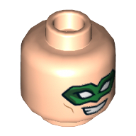 Minifig Head Green Lantern (Hal Jordan), Dual Sided, Green Eyemask, Smirk / Frown Print [Hollow Stud] Light Nougat