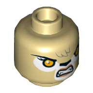 Minifig Head Warrior, Dual Sided, Lioness with Orange Eyes, Black Nose, Forelock, Crooked Smile / Bared Teeth Print [Hollow Stud] Beige