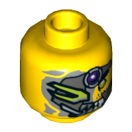 Minifig Head Spyclops, Metal Mask, Purple Jewel, Green Eye, Pointed Teeth Print [Hollow Stud] Gelb