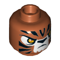 Minifig Head Tazar, Tiger with Orange Eyes, White Face and Black Stripes Print [Hollow Stud] Dunkelorange