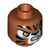 Minifig Head Trakkar, Tiger with Orange Eyes, White Face, Fangs and Black Stripes Print [Hollow Stud] Dunkelorange