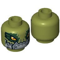 Minifig Head Crokenburg, Crocodile with Dark Green Rimmed Eyes, Metallic Silver Plates with Rivets Lower Jaw Print [Hollow Stud] Olive Green