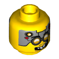 Minifig Head Drillex, Glasses with Silver Goggles, Metal Plates with Circuitry on Forehead, Smiling / Angry Print Yellow