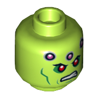 Minifig Head Brainiac, Red Eyes, Green Cheek Lines, Dark Pink Circles and Scowl Print [Hollow Stud] Lime