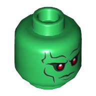 Minifig Head Martian Manhunter, Red Eyes, Dark Bluish Gray Eyebrows, Cheek Lines Stern Expression Print [Hollow Stud] Green