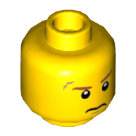 Minifig Head Max Burns, Dark Orange Eyebrows, Scar over Right Eye, Scowl Print [Hollow Stud] Gelb