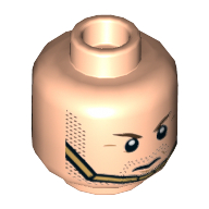 Minifig Head Hawkman, Dual Sided, Brown Eyebrows, Stubble Beard, Gold Chin Strap, Serious / Clenched Teeth Print [Hollow Stud] Light Nougat