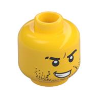 Minifig Head Luke Cunningham / Jack Fury, Beard Stubble, Eyebrows, Scar on Right Eyebrow, Open Mouth with Teeth Print Gelb