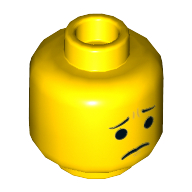 Minifig Head Emmet, Dual Sided, Open Lopsided Smile / Pinched Eyebrows and Frown Print [Hollow Stud] Gelb