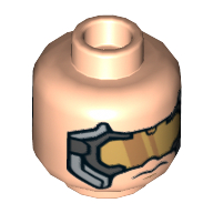 Minifig Head HYDRA Henchman, Glasses with Gold Lenses, and Gold, Dark Bluish Gray and Silver Frames Print Light Nougat