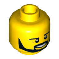 Minifig Head Ferrari Engineer (Pit Crew) / Pirate, Beard Black Angular, Pupils, Teeth Print [Hollow Stud] Gelb