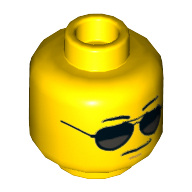Minifig Head, Black and Silver Sunglasses, Chin Dimple, Grim Mouth Print Gelb